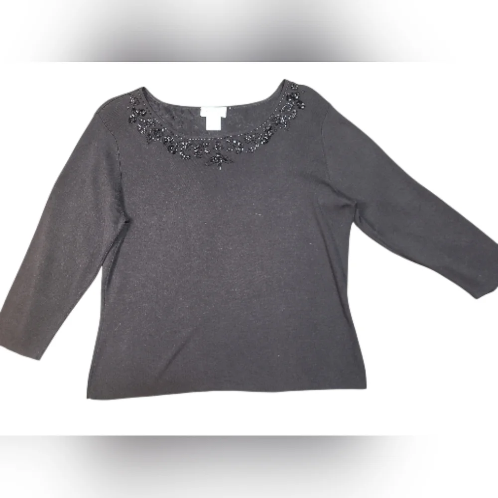 Black Long Sleeve Silk Blend Top with Beaded Detail